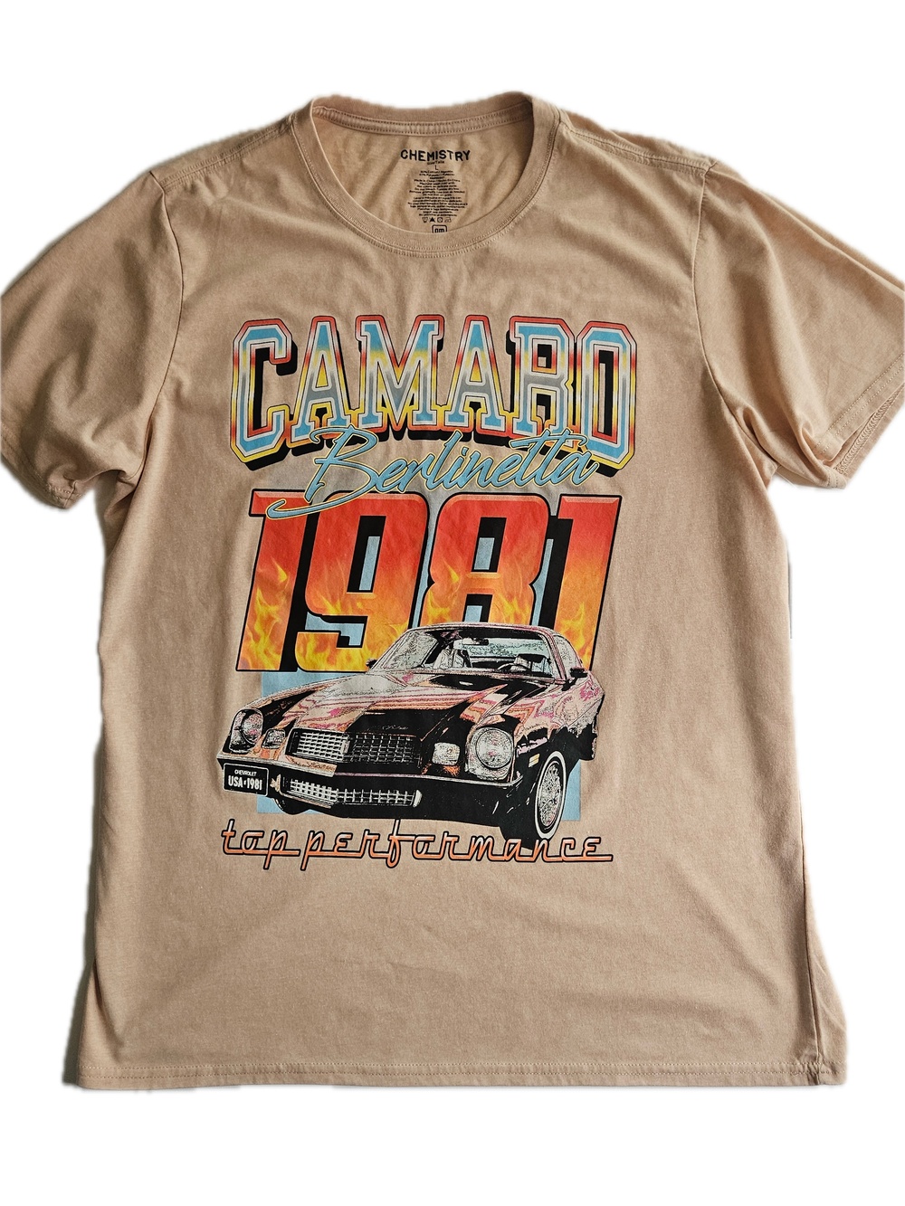 Chemistry Shirt Mens L Beige Camaro 1981 Graphic Crewneck Cotton Tagless Logo